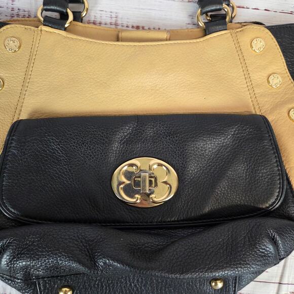 Emma Fox Black Tan Leather Top Dual Handle Satchel Purse Timeless Designer Bag - Picture 3 of 13